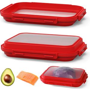 2 Pack Silicone Food Fresh-Keeping Storage Containers with Lid, Dual-Shape Design, BPA-Free, Leakproof Lock Clips, Versatile Fridge Storage Containers, Space Saving & Expandable (Red)
