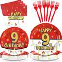 Grencian 96Pcs Happy 9th Birthday Party Supplies Cartoon Anime Themed Paper Plates and Napkins Tableware Sets Red and White Decoration for 9 Year Old Birthday Kids Children Party Serves 24