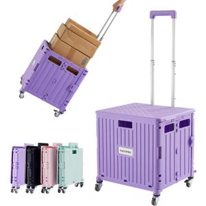Foldable Utility Cart Folding Portable Rolling Crate Handcart with Durable Heavy Duty Plastic Telescoping Handle Collapsible 4 Rotate Wheels for Travel Shopping Moving Luggage Office Use (Purple)