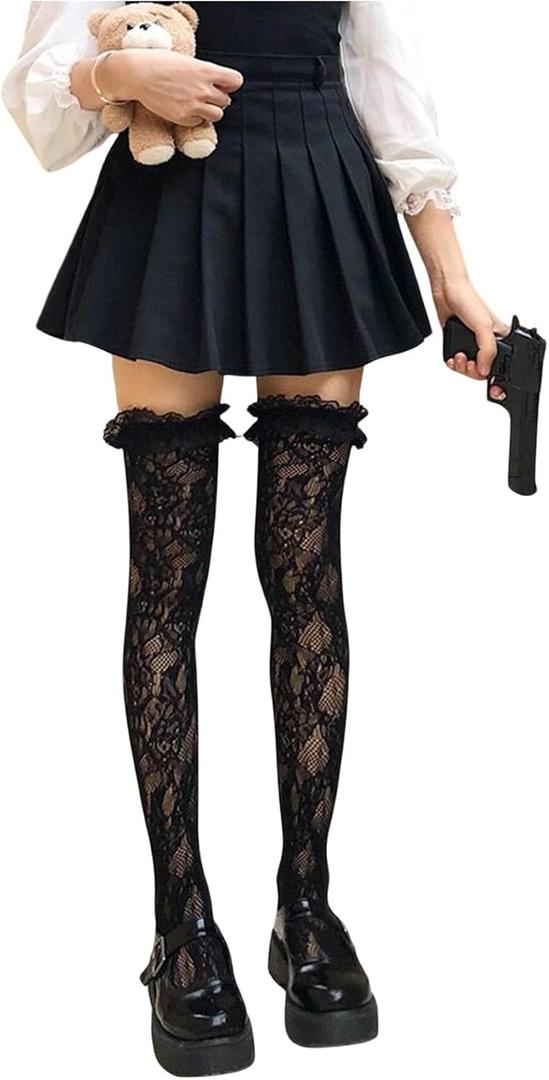 GORGLITTER Women's Lace Socks Ruffle Knee High Fishnets Cute Mesh Sheer Thigh High Stockings (Black)
