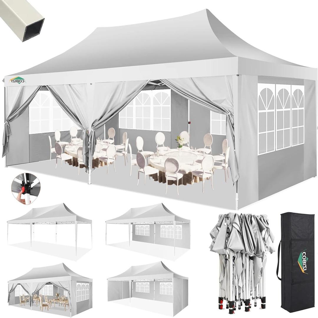 COBIZI 10x20 Pop Up Canopy with 6 Sidewalls,10x20 Canopy Tent Frame Upgraded with 3 Adjustable Heights,Waterproof UV50+ Outdoor Party Commercial Ez Up Gazebos with Carry Bag(10 x 20 ft White)