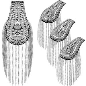 Yilloog 4 Pcs Shoulder Epaulets for Women Tassel Link Chain Boards Badge Beads Pads Punk Fringe Jewelry Pins for Men Jackets(Silver)
