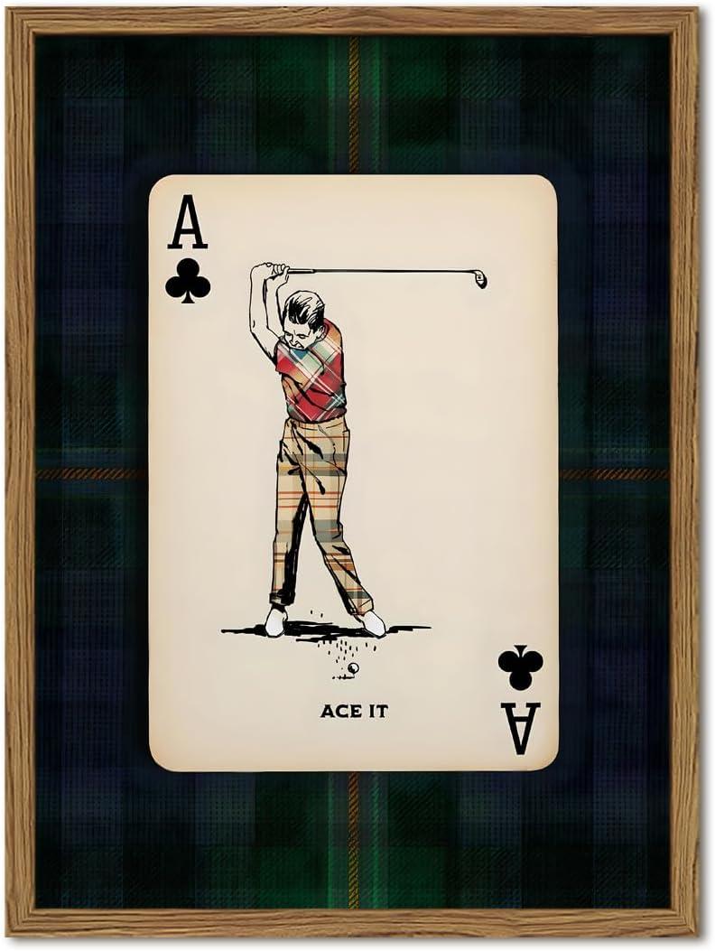 Vintage Golf Wall Art, Playing Card Golfer Sports Wall Decor Paintings Retro Navy Plaid Canvas Prints Picture for Bedroom Living Room Man Cave Country Club 12x16 inch Wood Framed
