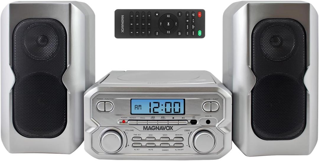 Magnavox 3-Piece Compact CD Shelf System with Digital FM Stereo Radio, Bluetooth Wireless Technology, and Remote Control in Silver | LCD Display | AUX Port Compatible