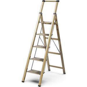 GameGem 5 Step Ladder for 10 Feet High Ceiling, Lightweight Aluminum Folding Step Stool with Convenient Handgrip, Stepladders with Anti-Slip and Wide Pedal for Home Use Space Saving - Gold