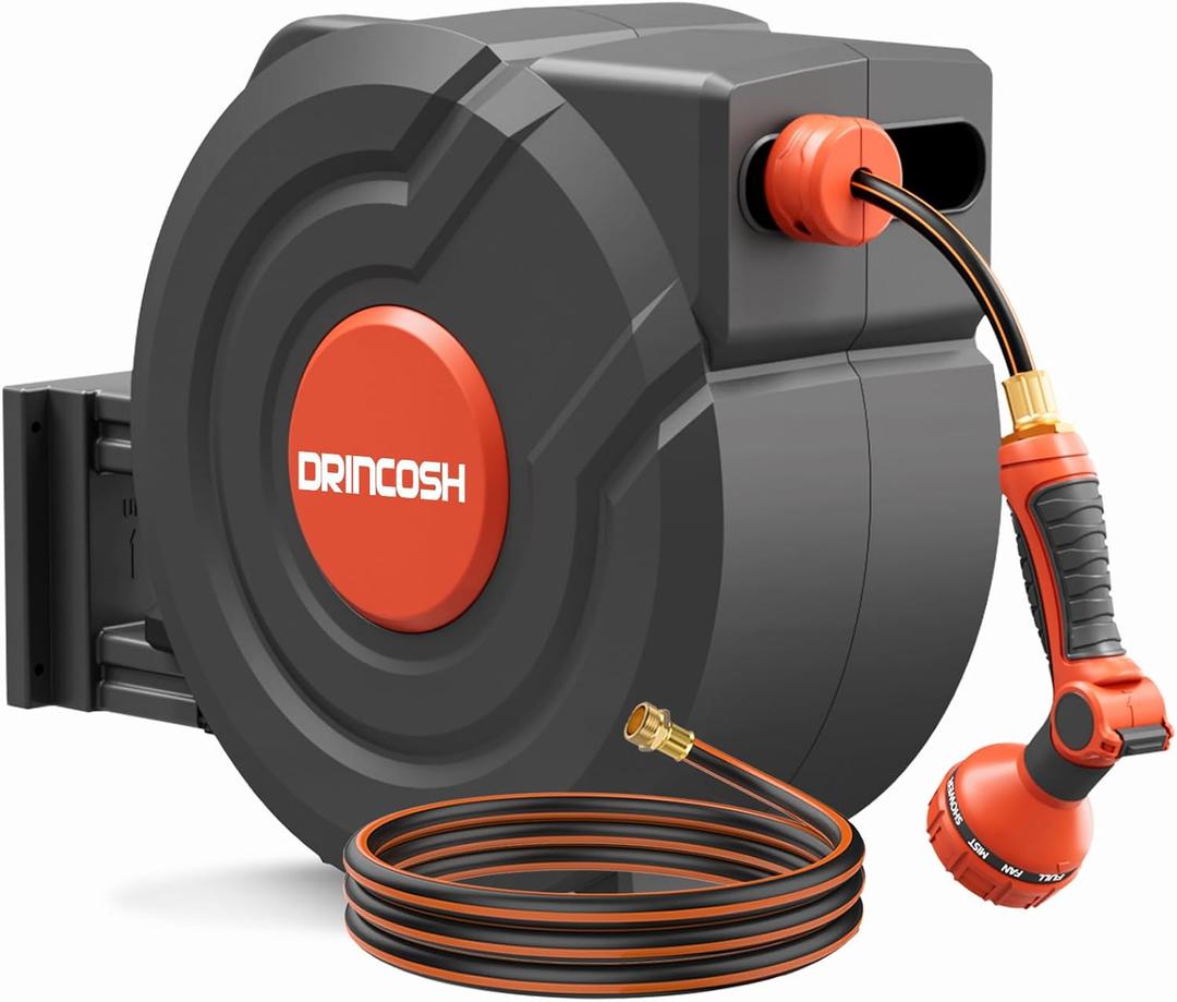 3rd Generation Retractable Garden Hose Reels 100 ft X 1/2"+6.5 ft 180 Swivel Wall Mounted Any Length Lock Self Winding 9 Pattern Nozzle UV Resistant Heavy Duty Hose Reels for Outside(Black)