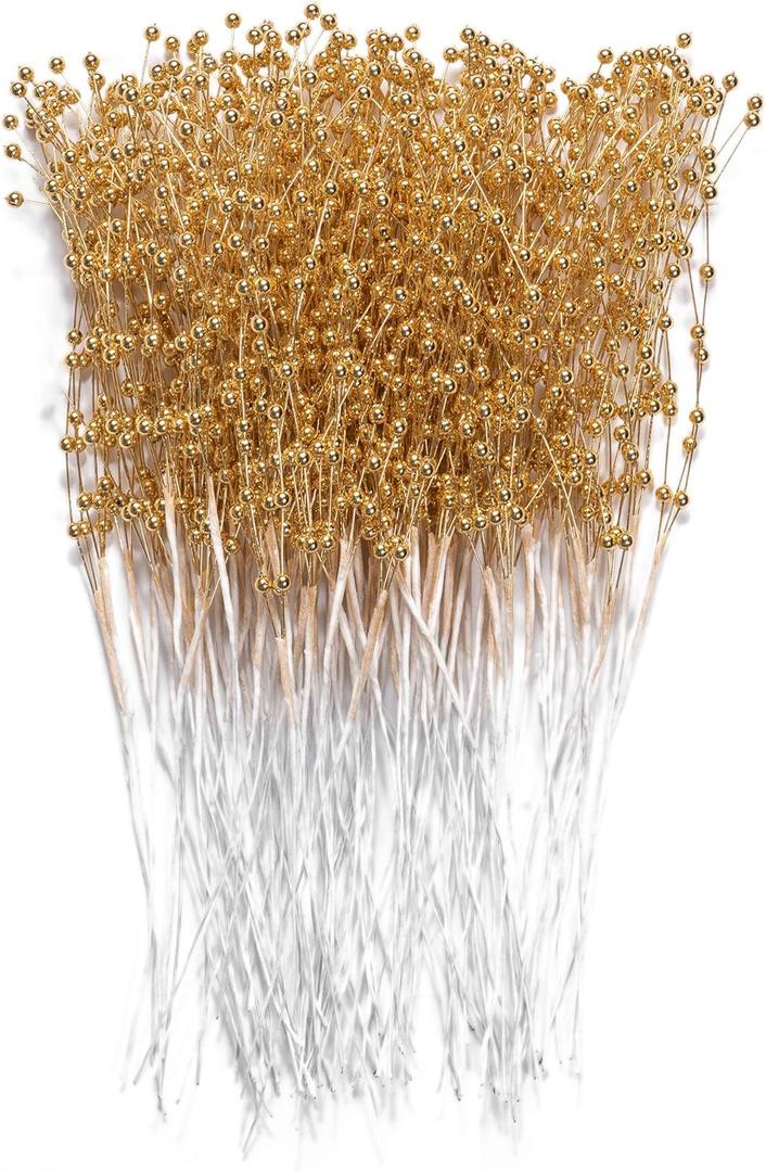60 Pieces Pearl Stick Stems Bouquets, 4mm Bead String Garland Beaded Spray Filler Floral Arrangements Tree Picks Wedding Party Decoration, Christmas Tree Picks (Gold)