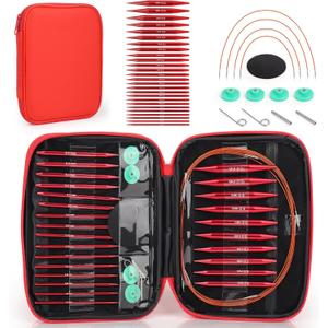 Interchangeable Circular Knitting Needles Set, 13 Pairs (26pcs) Glossy Red Aluminum Knitting Needles Kit, Sizes 3.0mm–10.0mm, Knitting Needle Case & Accessories for Knitting Beginners & Advanced