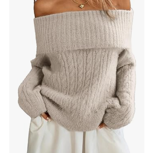 ELLEVEN Women’s Off Shoulder Cable Knit Sweater, Soft Oversized Pullover for Casual Fall Winter Outfits, Khaki Size L