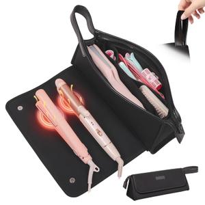 Hair Tools Travel Bag and Heat Resistant Mat, 2 in 1 Portable Organizer Hair Travel Case for Curling Iron, Hair Straightener, Flat Irons, PU Hangable Handle, Neoprene (Elegant Black)