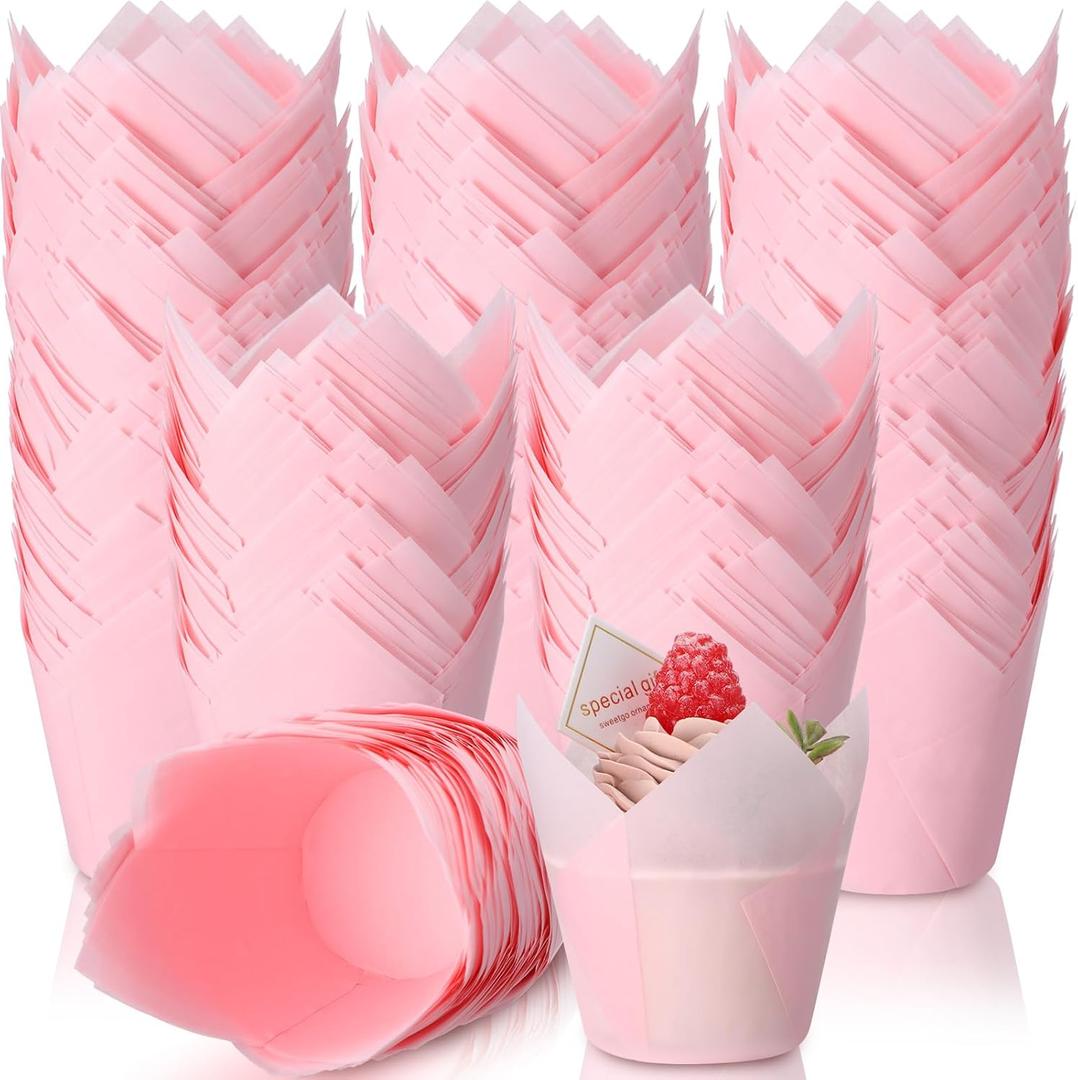 600 Pcs Tulip Cupcake Liners for Baking Muffin Liners Printed Baking Cups Holders Greaseproof Wrappers Decoration for Cupcake Bouquet Birthday Party Wedding Bride Shower (Light Pink)