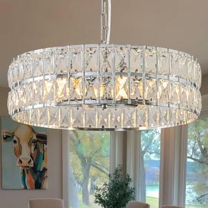 Crystal Chandelier for Dining Room,17.7'' LED Luxury Modern glass Mount Chandelier Fixtures, Round Kitchen Hanging Drum Pendant Lights Ceiling for Living Room Bedroom Foyer, with 7pc*5W Bulbs (Chrome)
