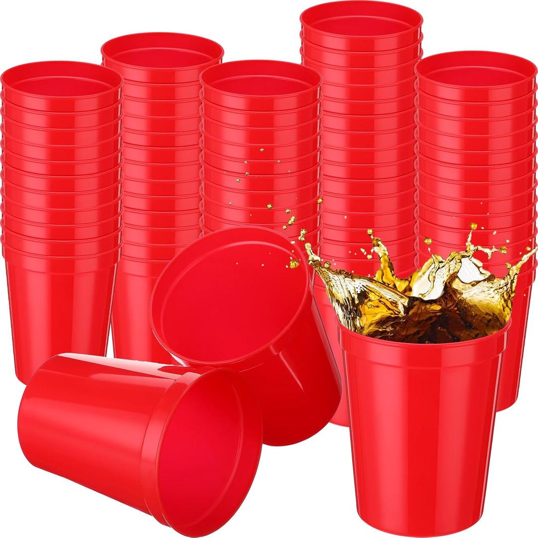 Yungyan 100 Pack 16 oz Plastic Stadium Cups Bulk Red Blank Reusable Cups Drink Tumblers for Christmas Birthday Party, Events Celebrations, DIY Projects,4.5 x 3.54 x 2.72 Inch