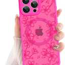 ZIYE for iPhone 16 Pro Max Case Flower Floral Pattern Hot Pink Compatible with Magsafe Phone Case with Camera Protection,Soft TPU Bumper Hard PC Protective Magnetic Phone Cover