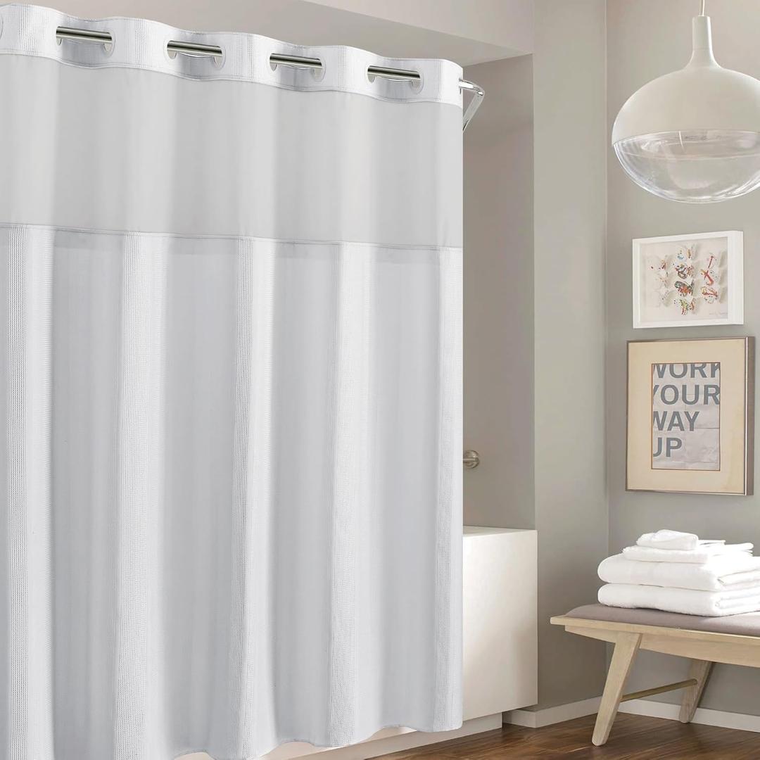 It's A Snap! Waffle Stripe Shower Curtain, 2-in-1 with Fabric and Sheer Top Window, Flex-On Rings, Liner Compatible, 71' x 74', Bright White
