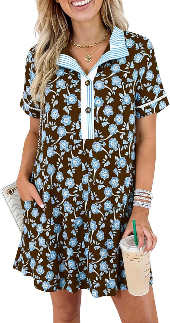 Wenrine Womens Floral Mini Dress Casual Short Sleeve Collared Button Down Summer Beach Vacation Dresses Brown (Brown)
