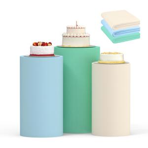 Cylinder Covers Set of 3,Cylinder Stand Covers for Parties,Round Pedestal Stand Covers for Cylinder Stands for Wedding Party Birthday Display(Cylinder Stands Not Included) (Beige Sky Blue Light Green, S+M+L)