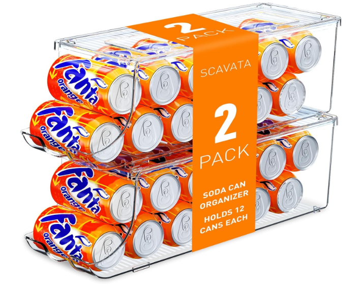 SCAVATA 2 Pack Skinny Can Organizer for Refrigerator, Stackable Tall Skinny Soda Pop Can Holder Dispenser with Lid for Fridge Pantry Rack Freezer, Clear Plastic Storage BinsHolds 12 Slim Cans Each