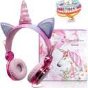 Unicorn Kids Headphones for Girls Children Teens, Wired Headphones for Kids with Adjustable Headband, 3.5mm Jack and Over On Ear Headset w/Mic for School Birthday Xmas Unicorn Gift (Pink)