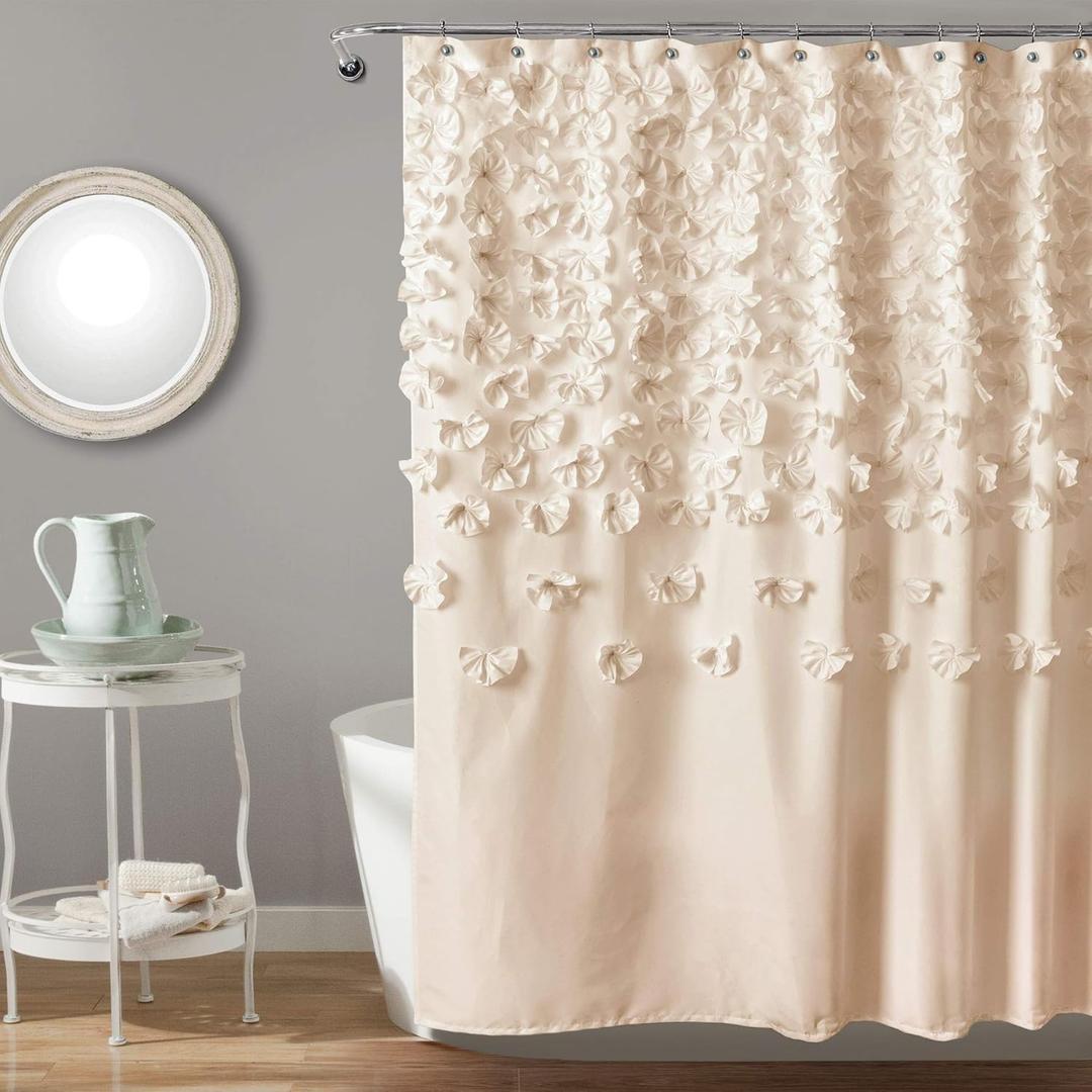 Lush Decor Lucia Shower Curtain - Fabric, Ruched, Floral, Textured Vintage Chic, Farmhouse Style Design, 72 x 72, Ivory