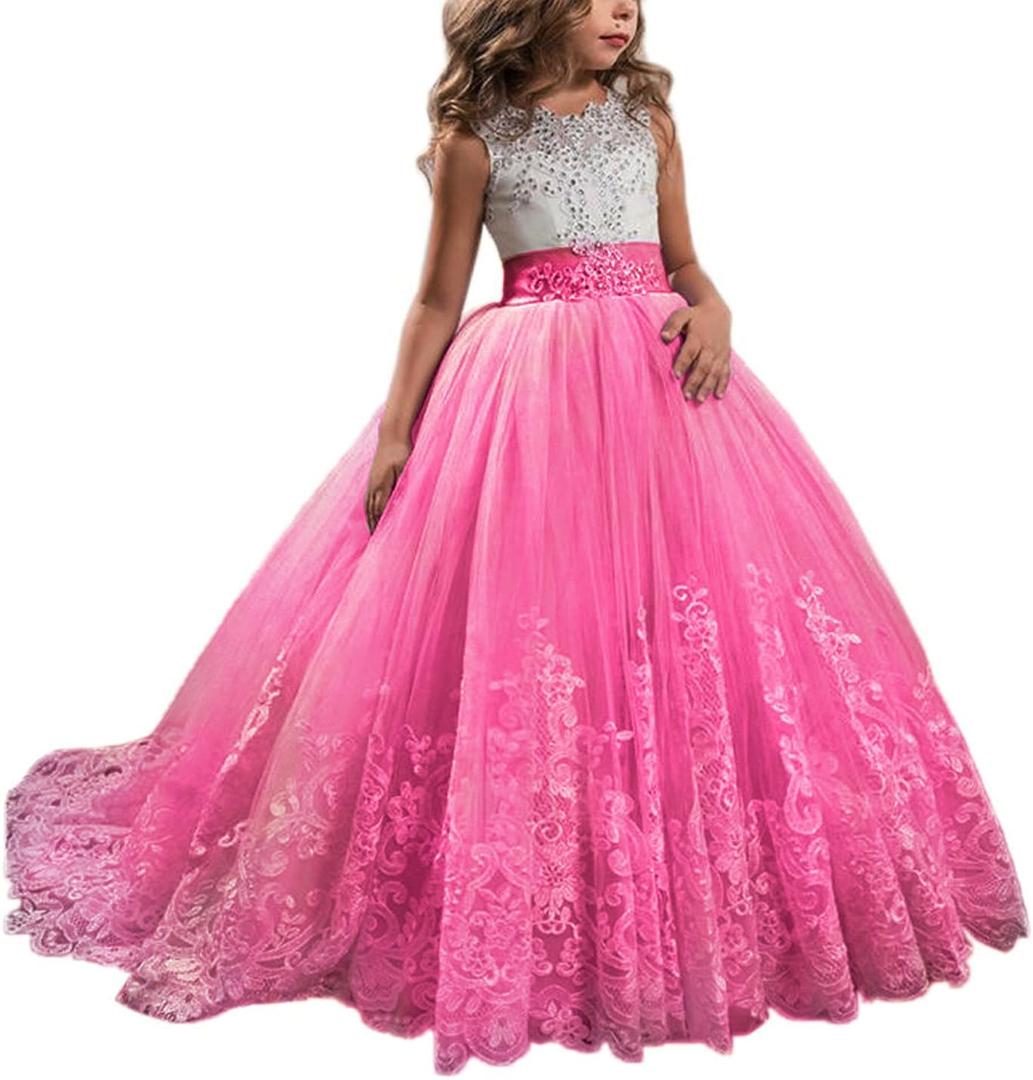 Princess Hot Pink Long Girls Pageant Dresses Kids Prom Puffy Tulle Ball Gown US 6