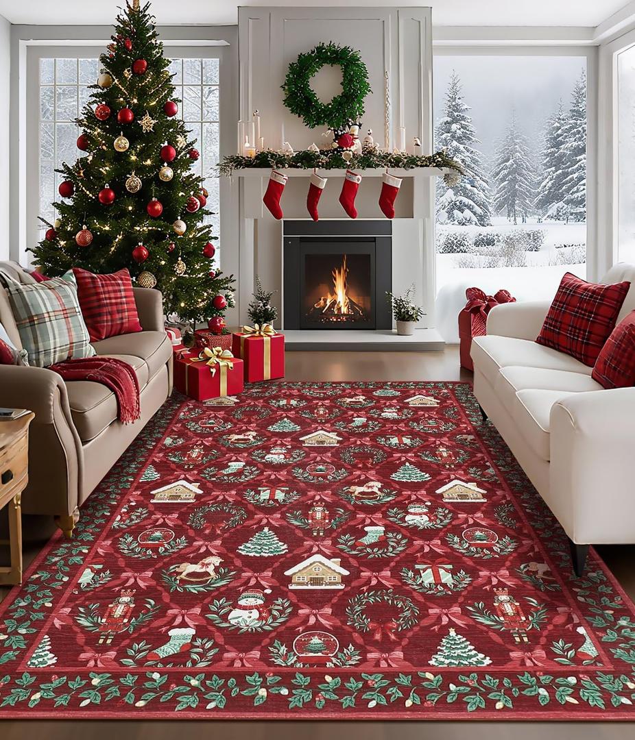 8x10 Christmas Rugs for Living Room Washable Non-Slip Christmas Print Area Rug with Coquette Bow Pattern for Bedroom, Low-Pile Stain Resistan Holiday Carpet for Dining Room Office, Red