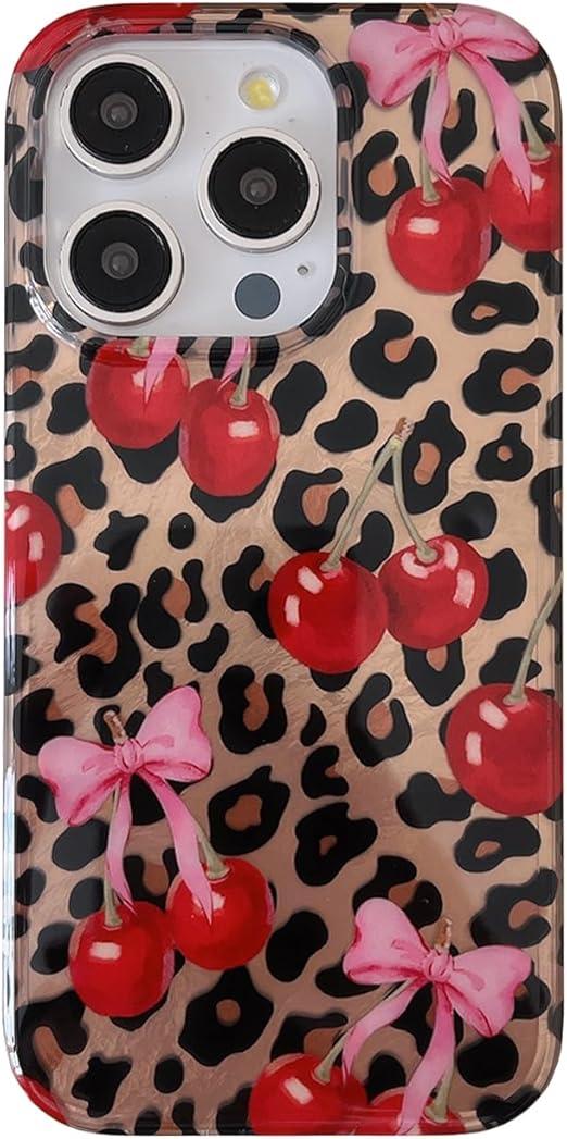 owwiktten Cherry Bow Cheetah Print Glitter Phone Case for iPhone 15 6.1",Trendy Cute Retro Brown Leopard Pink Bows Ribbon Aesthetic Bling Protective Girly Cover for iPhone 15 6.1in