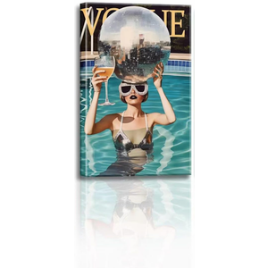 Godont Summer Blue Pool Hot Girls Disco Ball Posters Blue Pool Bikini Wall Art Retro Cocktail Wall Art Aesthetic Paintings Girls Dormitory Canvas Decoration 12x16x3 Inches (12x16Unframed)
