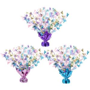 Ceenna 3 Piece Butterfly Table Decorations Metallic Gleam Foil Spray Centerpieces Multicolor Butterflies Model Glitter Plastic Table Centerpieces for Butterfly Birthday Party Supplies, Blue, Pink, Violet