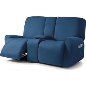 ULTICOR Squared Jacquard Design Reclining Loveseat with Middle Console Slipcover, 8-Piece Stretch Sofa Covers, 2 seat Loveseat Recliner Cover, Washable (Loveseat with Console Recliner Cover, Navy)