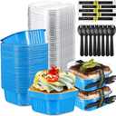 Sliner 100 Pcs 10 oz Mini Cake Pans with Lids Aluminum Foil Disposable Baking Loaf Tins, Spoon, Stickers, Square Cupcake Container for Muffin Ramekins Brownie Wedding Birthday Party(Blue)