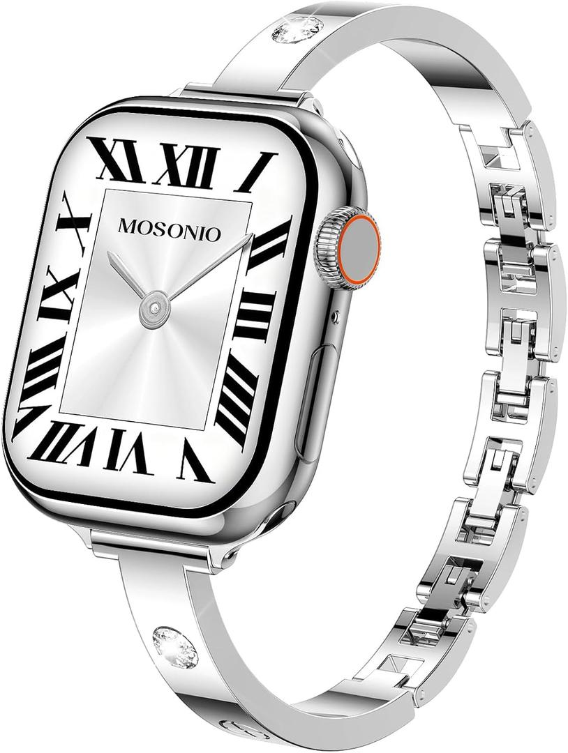 Mosonio Slim Bracelet Band with Sparkly Accents Compatible with Apple Watch Bands  for Women, Stylish Adjustable Link Thin Metal Strap For Iwatch Ultra Series, Size: 46mm 45mm 44mm 49mm 42mm(Series 3/2/1) (Silver)