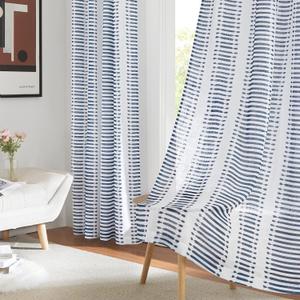 PONY DANCE Navy Blue Sheer Curtains - Semi Sheers Voile Window Curtains Natural Decor Faux Linen Textured with Slub Striped Pattern for Patio Living Room, 50 Wide x 84 Long, 2 PCs