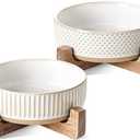 LE TAUCI PET Ceramic Dog and Cat Bowl Set with Acacia Wood Stand - 2 Cup Weighted Non-Slip Food and Water Bowls for Small Dogs & Cats, Lines + Dot
