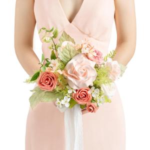 Ling's moment Pink Artificial Wedding Flower Bouquets for Bridesmaids Blush Floral Bouquet Bridesmaid Bouquets with Ribbon Ceremony Anniversary,7-inch Diameter (Pk-blush Garden)