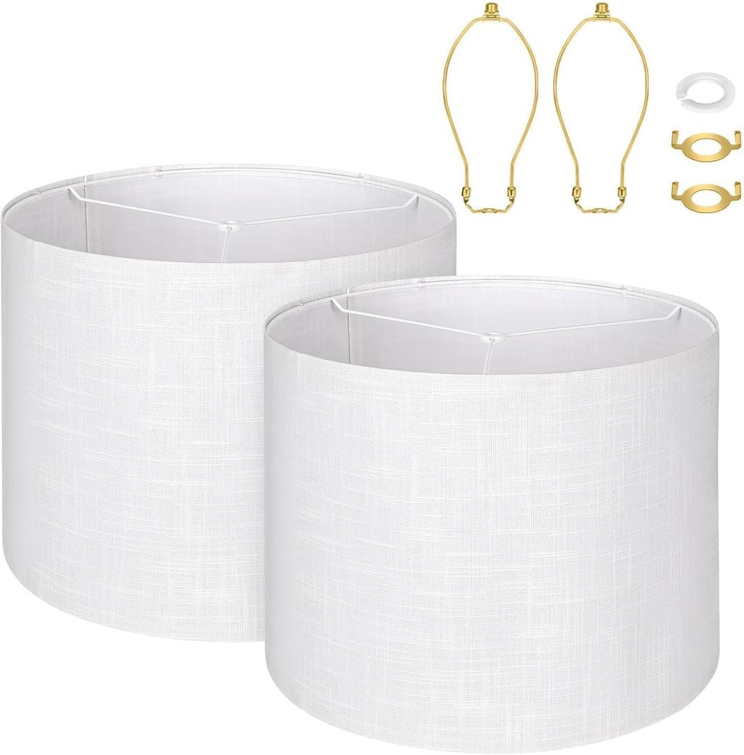 Extra Large White Lamp Shades Set of 2 Natural Linen 16" Top X 16" Bottom X 12" Height Lampshade Fits for Home Bedroom Living Room Decor Easy Assembly Required Lamp Shade Holder Included Spider Fitter