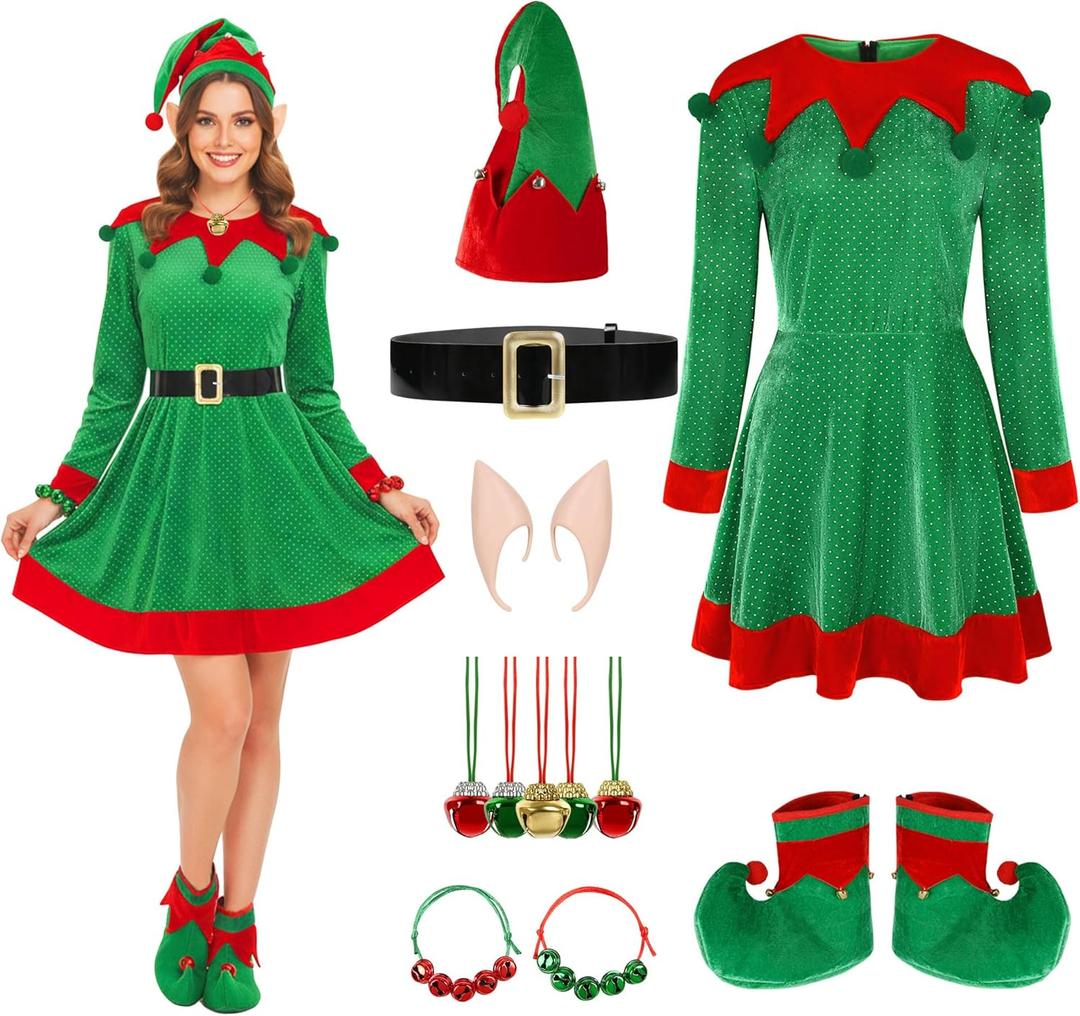 11 Pcs Women Christmas Elf Costume Set Costume Dress Xmas Festive Outfit with Elf Ears Hat Shoes (Green)