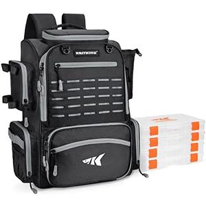 KastKing Bait Boss Fishing Tackle Backpack with Rod Holders-4 Tackle Boxes-Rain Cover,45/43L Large Storage for Fishing Gear, Black