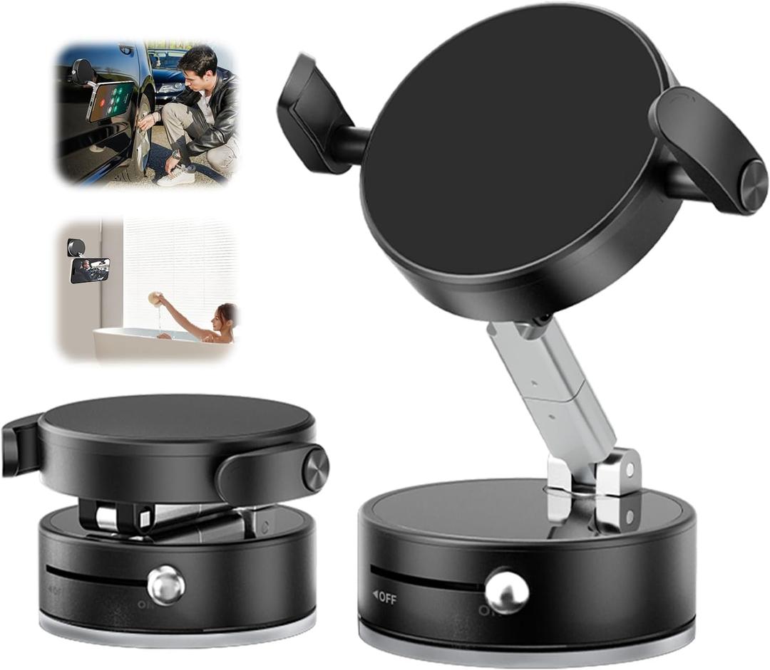 Upgraded 2-in-1 Vacuum Magnetic Suction Cup Phone Mount for Car Dashboard Windshield, Magnet and Clamping in one Reinforced Foldable Magnetic Phone Holder for Car Repair/Gym/Mirror Mount