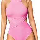 OQQ Women's One Piece Swimsuits Tummy Control High Waisted Cross Bathing Suit Wrap Tie Back 1 Piece Swimwear (Fluo Pink), Size Small