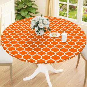 Smiry Round Picnic Tablecloth, Waterproof Elastic Fitted Table Covers for 57" - 68" Tables, Wipeable Flannel Backed Vinyl Tablecloths for Camping, Indoor, Outdoor, Orange & White