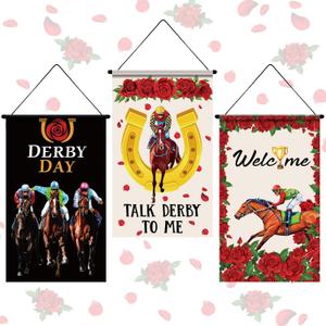 Tegeme 3 Pcs Derby Day Door Banner Derby Day Hanging Flag Decor Roses Horse Racing Festival Door Hanger Sign for Holiday Party Outdoor Indoor Home