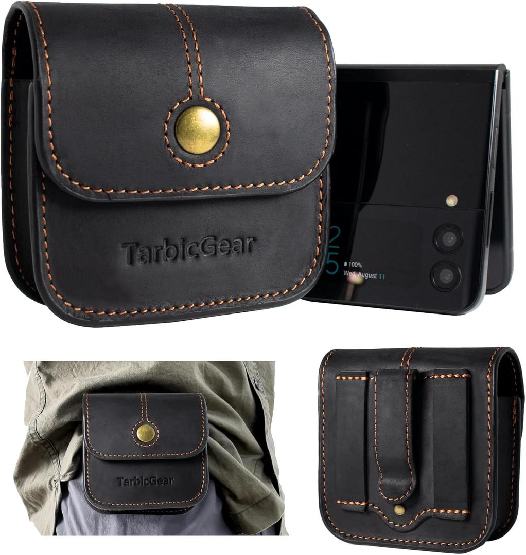 Flip Phone Holster for Motorola Razr, Samsung Z Flip 5/4/3 Series, Black Leather Belt Clip Case with Card Holder & Magnetic Closure (L (Inner: 3.9 x 3.3 x 1.18'') - Black)