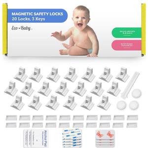 Eco-Baby Magnetic Cabinet Locks for Babies - Keyless, White, 20 Pack and 3 Keys