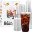 Turbo Bee 50 Sets 32 OZ Clear Plastic Cups with Lids and Straws, Disposable To Go Iced coffee cups with lids for Cold Drinks, Smoothie, and Slushie