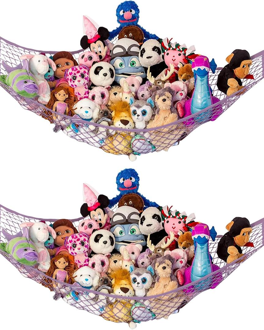 Lilly's Love Stuffed Animal Hammock | Corner Hanging Organizer, Toy Storage, Stuffed Animal Storage Net | Made from Quality Fishing Net, Holds 12lbs | 67"x47"x47" (Pastel Purple, 2 Pack)