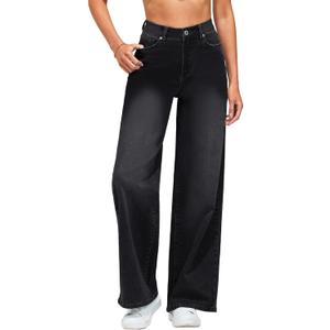 GRAPENT Wide Leg Jeans for Women Trendy High Waisted Stretchy Denim Pants 90s Baggy Jeans Trouser Jeans with Pockets (Large, True Black)