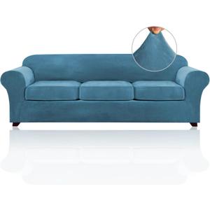 PrinceDeco Velvet XL Couch Cover for Oversized Sofa 4 Piece Sofa Covers for 3 Cushion Couch Washable Furniture Protector with Non Slip Elastic Bottom Width Up to 97 Inch(X-Large, Blue)