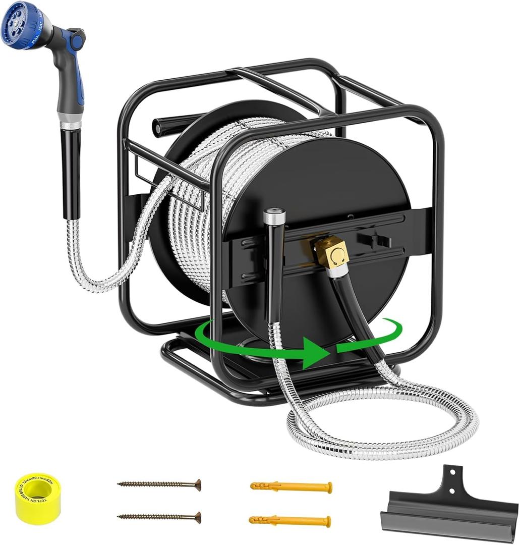 SPECILITE Upgraded Metal Garden Hose Reel With 100 Ft 304 Stainless Steel Water Pipe, Heavy Duty Anti-UV Wall Mount/Freestanding Spool with Nozzle, 360 Rotation Frame for Yard