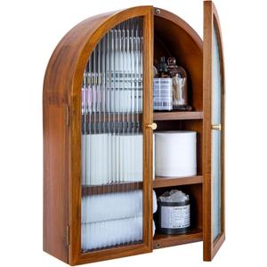 MyGift Medicine Cabinet, Arched Wall Cabinet, Bathroom Medicine Wall Mounted Cupboard, Mid Century Style Floating Storage Cabinet with Glass Door, Natural Acacia Wood, Large